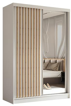 Margaret Hadas24 Kleiderschrank Erika mit Lamellen und Spiegel, Organizer, Mehrzweckschrank, Schwebetürenschrank, Garderobenschrank, Kleiderstange, Kleiderständer, Flurschrank, 150 cm, weiß, braun