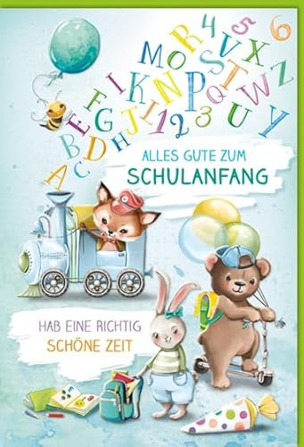 KE - Tierische Glückwunschkarte zur Einschulung, exklusive Folienprägung, B6 Format 17,0 x 11,5 cm, inklusive passendem Umschlag, Bunte Karte für den Schulanfang, Motiv: Tierkinder
