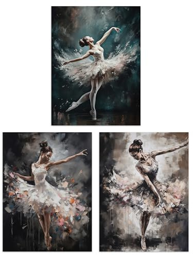 Artery8 Set of 3 A4 Ballet Dancers Oil Paintings Graceful Ballerinas Dancing Poses Unframed Wall Art Living Room Poster Prints Pack