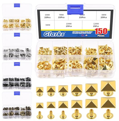 Glarks 150Pcs Gold Spike Niete, 6mm 7mm 8mm 9mm 10mm 12mm Pyramide Rapid Nieten Studs Quadrat Punk Spikes Lederhandwerk Dekoration für Kleidung Gürtel Taschen Schuhe