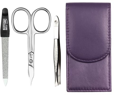 Sonnenschein by Hans Kniebes - Maniküre Set 3 teilig - Nagelschere, Nagelfeile und Pinzette - Taschenmaniküre Nagelpflegeset - Nappa-Lammleder Manicure Etui (Lila)