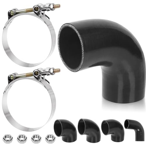 Swpeet 7Pcs 2.5 Inch - 63mm 90 Degree Elbow 4-Ply Reinforced Silicone Hose with 72-80mm T Bolt Hose Clamp and 6mm Hex Nut Kit, Automotive Pure Silicone Hose for Turbo Intake Intercooler