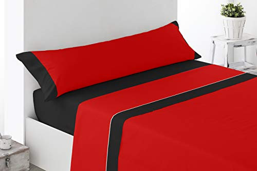 Cabello Textil Hogar Juego de sábanas Lisas con Colores Combinados de Microfibra peinada Extra Suave, de 3 o 4 Piezas, Medidas (Rojo/Negro, Cama de 150 cm (150x200cm))