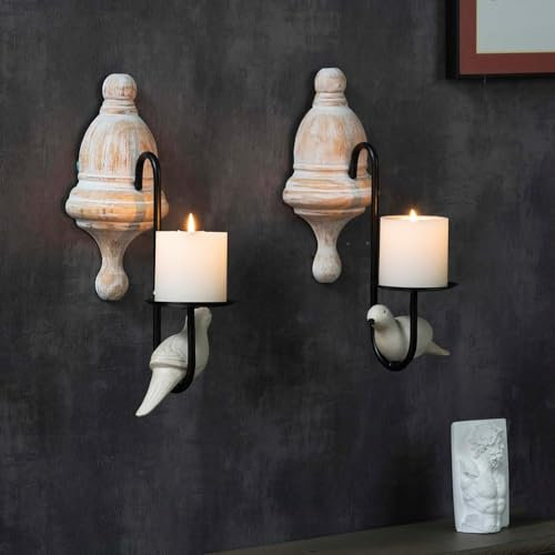 Wandleuchte Kerzenhalter (Set von 2) Wandteelichthalter Weiß Vogel Design Wand-Mount Retro Wandkerzenhalter Hängen Metall und Holz Eisen kerzenständer wandhalter für Wohnzimmer, Esszimmer