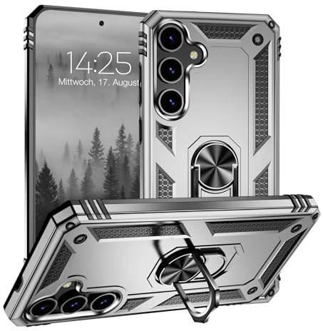 LBH Outdoor Hülle für Samsung Galaxy S24 Armor Militär Stoßfest Handyhülle 360 Grad Metal Ring Halter Ständer Schutzhülle für Handyhalterung Auto Magnet Silber