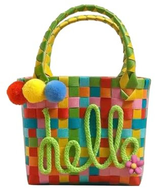 Folpus Gewebte Tasche, gewebte Korbtasche, bunt, für Frauen, handgefertigt mit Pompons, handgewebte Handtasche