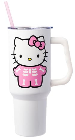 Silver Buffalo Sanrio Hello Kitty Halloween Spooky Skeleton Costume Stainless Steel Tumbler with Handle and Straw, Fits in Standard Cup Holder, 40 Ounces