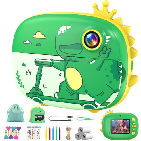 Ushining Kinderkamera Sofortbildkamera, 2,4 Zoll 1080P Dinosaurier Digitalkamera Sofortbildkamera Kinder mit 32GB Karte Druckpapier, Kamerakinder Sofortdruck, Geschenk für Kinder 3-12 Jahren, Grün