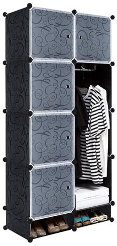 Froadp Faltbare Kleiderschränke 8 Gitter Steckregalsystem 157x70x35cm Kunststoff Garderobenschrank für Kleideraufbewahrung DIY Regalsystem Schrank für Schuhe Kleidung Spielzeug & Bücher (Schwarz)