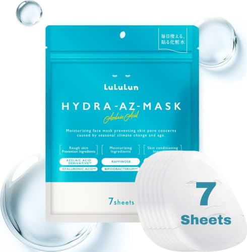 Lululun Hydra-AZ Pore Refining Sheet Mask with Azelaic Acid, Mandelic Acid & Hyaluronic Acid - Soothing Hydration, Redness Relief, Daily Facial Treatment for Sensitive Skin, Japanese Skincare, 7