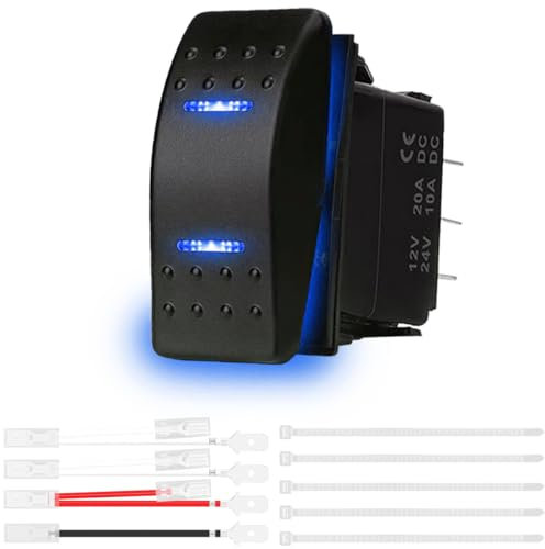 MKBKLLJY Interrupteur à bascule à verrouillage automatique - 3 positions - Étanche - DC 12 V/20 A 24 V/10 A 7 broches DPDT - Lampe LED bleue avec jeu de câbles et serre-câbles pour bateau