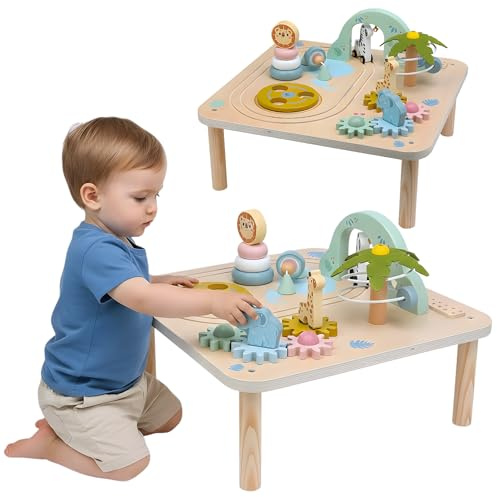 MERKAN Holz Schultisch für Kinder mit Eisenbahn und Wurfer für Perlen, Motorikschlaufen, Formsortierer, Motiv - Tiere