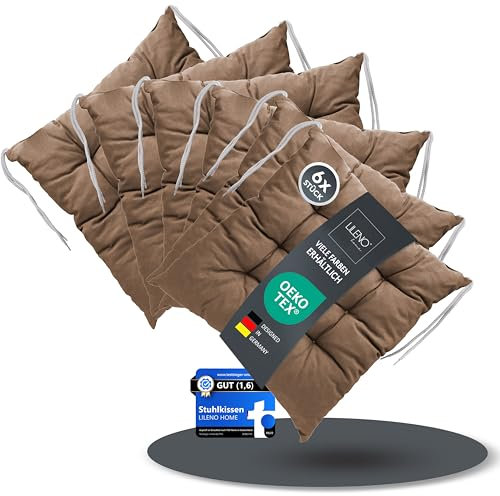 LILENO HOME 6er Set Wende Stuhlkissen Braun (40x40x6 cm) - Streifen Sitzkissen für Gartenstuhl, Küche oder Esszimmerstuhl - Indoor u. Outdoor Stuhlauflage als Stuhl Kissen (Linda FUM)