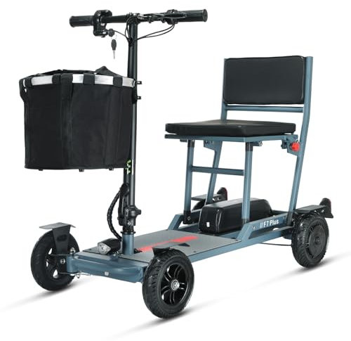 Freejoyer F7 PLUS Faltbarer Mobilitätsroller, Kompakter Mobilitätsroller mit Korb,Reichweite 60km,Leichter Mobilitätsroller mit 4 Rädern für Erwachsene und ältere Menschen,Blau
