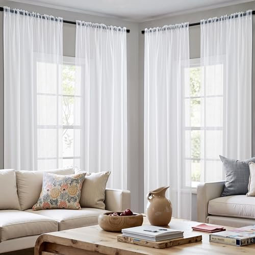 MIULEE 4er Set Voile Vorhang Transparente Gardine aus Voile Polyester Stangendurchzug Transparent Wohnzimmer Luftig Dekoschal für Schlafzimmer Weiß 140x245 cm (BxH), Rod Pocket