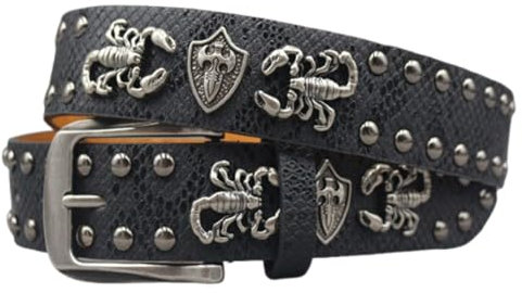 ZNEL Gürtel Mit Graviertem 3D-Skorpion Und Nieten Punk Unisex Krokodilmuster-Print Nietengürtel Accessoire Für Mutige Und Vielseitige Mode-Styles(105cm/41, Black)