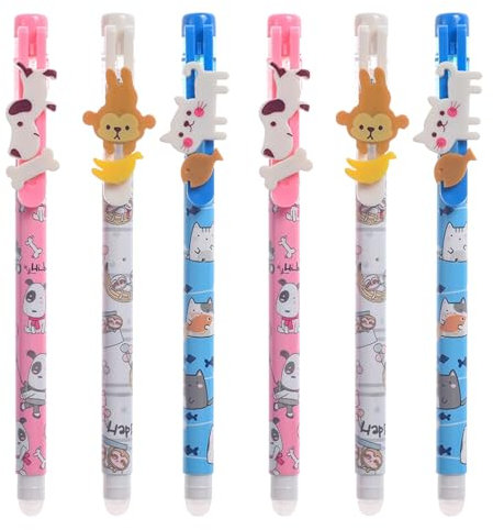 6 Stück Gelstifte Radierbar Set mit Tierkopf, 0.5mm Schwarze /Blau Wegradierbare Stifte mit Radiergummi, Hunde, Katzen, Affen Designs mit Ball,Ende Zum Entfernen Von Tinte für Schule, Büro, Studenten