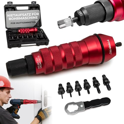 STREND PRO Premium Nietaufsatz für Bohrmaschine 1/4 | Blindnietadapter 2,4–6,4 mm | Aluminium/Stahl | Nietwerkzeug mit 6 Köpfen & Koffer | Profi-Nietenzange für Akkuschrauber & Bohrmaschinen