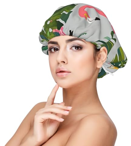 Flamingo-Palmen-Blatt-Satinhaube, Seidenhaube, Haarhaube zum Schlafen, weiche doppellagige Seiden-Schlafkappe, Haarwickel für Frauen, natürliches lockiges, geflochtenes langes Haar