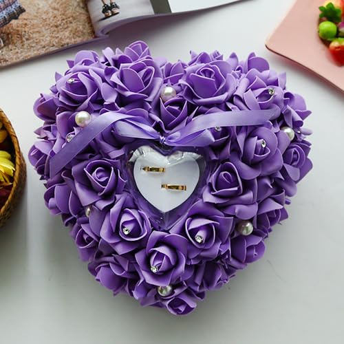 YKAFADE Ringkissen Hochzeit, Hochzeitsringkissen 24 * 22cm romantische Rosen-Herzform Hochzeit Ringbox Geschenk-Halter Deko Eheringe Brautkissen Vintage Ringhalter Trauringkissen -Lila