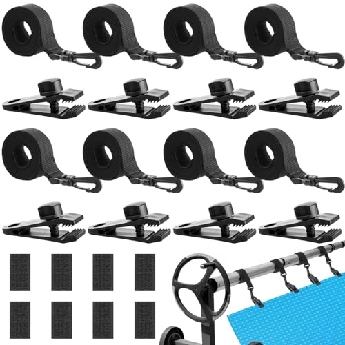 Frienda Lot de 8 ensembles de 24 sangles de fixation pour bâche solaire de piscine, 8 sangles avec crochets, 8 clips et 8 attaches tactiles