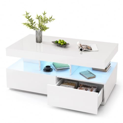 HYNHXBP Table basse Blanc, table de salon brillant avec éclairage LED RGB, table basse avec 2 tiroirs, table d'appoint canapé avec espace de rangement, moderne, surface lisse 104x46x53 cm (Blanc)