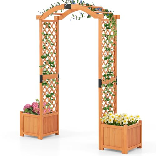 GOPLUS Rosenbogen mit Pflanzkästen, Gartenbogen Holz, Pflanzkästen mit Drainage, Torbogen Garten, Rosen Rankhilfe, Pergola mit Blumenkasten, Rankbogen für Kletterpflanzen, 185 x 45 x 201 cm