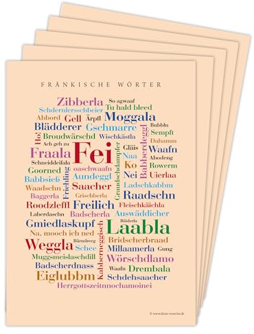 Deine Wörter Postkartenset - 5 Postkarten mit Fränkischem Dialekt, einzigartiges Souvenir und kreative Geschenkidee - DIN A6