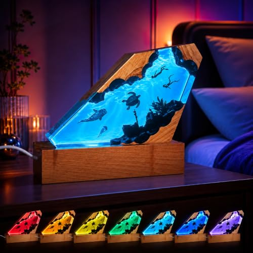 3D Epoxidharz Lampe Ozean, 7-Farben Dimmbares Nachtlicht mit Holzsockel | Acryl Taucher Meerestiere Nachttischlampe Handgefertigte Meer Deko Geschenk für Meeresliebhaber Desktop Kunst Dekoration