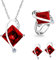 Uloveido Frauen Geometrische Form Simulierte Red Topas Silberkette Halskette Ohrstecker Ohrringe Hübsche Brautschmuck Set (Rot, Größe 57) T295
