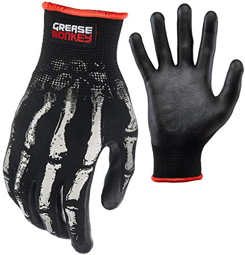 Grease Monkey Bone Series Foam Nitrile Mechanic Gloves with Grip, Work Gloves and All Purpose Gloves, Bones, Large Black