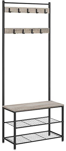 VASAGLE Garderobenständer, Kleiderständer mit Schuhablagen, Schuhregal mit Sitzfläche, für Flur, mit Haken, 3 Ablagen, aus Metall, Höhe 177 cm, Industrie-Design, Greige-schwarz HSR41MB