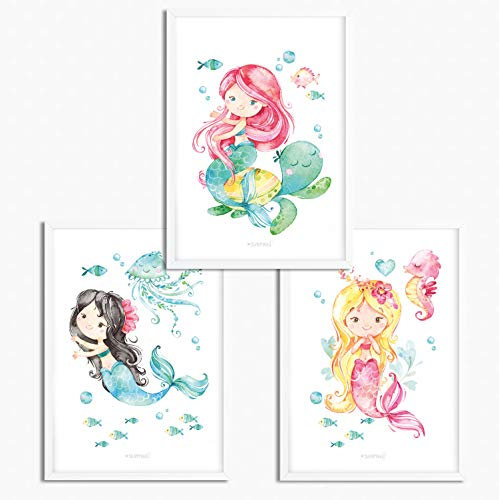 Sunnywall® 3er Set Poster Kinderzimmer - A4 Bilder Babyzimmer Kinderposter | OHNE Bilderrahmen | - Deko Mädchen Junge | (Meerjungfrauen Meereswelt, A4 (21 cm x 29,7 cm))