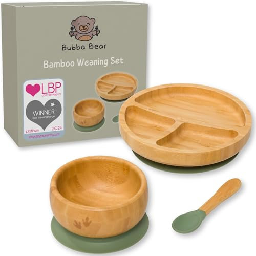 Bubba Bear™ Baby Set mit Saugnapf-Schüssel, Standfeste Saug-Fütter-Teller und Löffel für Babys & Kleinkinder | kostenloses E-Book: der Bubba Bear Weaning | aus natürlichem bamboo Grün