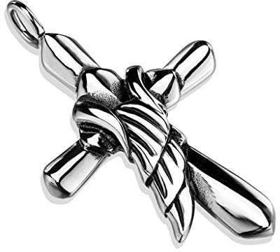 Paula & Fritz® Herren Ketten-Anhänger Kreuz Engelsflügel 316L Chirurgenstahl Silber 53,4 x 31,7-mm Halsketten-Anhänger Pendant Damen-kettenanhänger