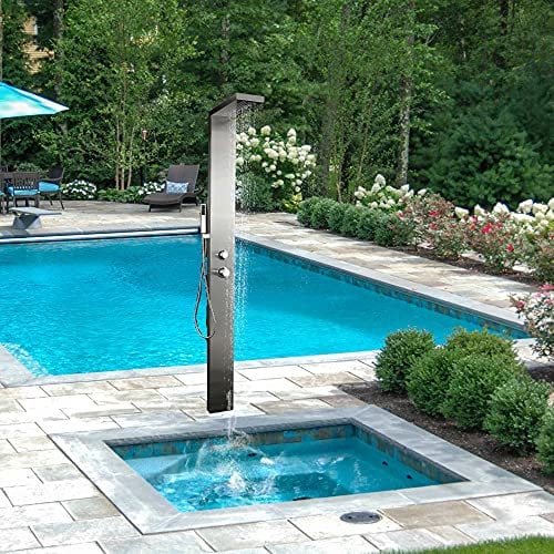 Elbe® Gartendusche ohne WPC-Bodenplatte, aus gebürsteten Edelstahl 304, mit Einhebelmischer und oberer Abdeckung, pooldusche mit kopfdusche und Handbrause für Garten und Pool
