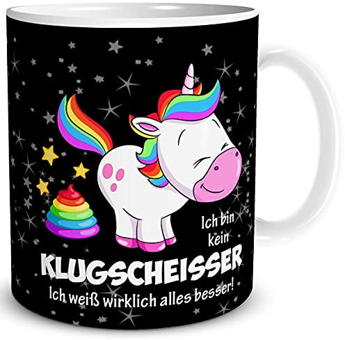 TRIOSK Tasse Klugscheisser Einhorn mit Spruch Ich weiß alles besser Geschenk Bürotasse lustig für Frauen Männer Einhornliebhaber Kollegen Schwarz