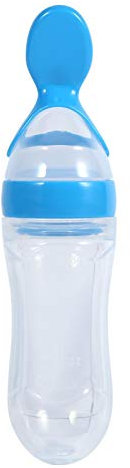 1pcs 90mL Silicone Baby Food Dispensing Spoon Infant Squeeze Feeder Bottle with Spoon and Hygienic Cover,Baby Feeder Bottle Baby Cereal Feeder(Blue)