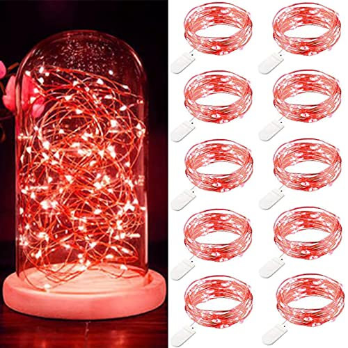 Confezione da 10 luci stringa LED a batteria 1m 10 LED filo d'argento luci stringa bottiglia stella impermeabile rosso per Natale festa di nozze camera da letto decorazione interna ed esterna