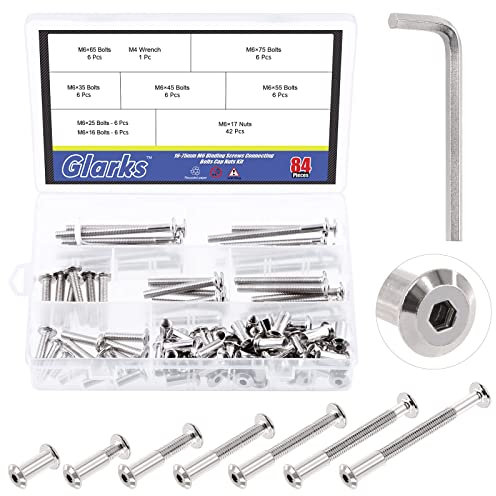 Glarks 85Pcs M6 x 16/25/35/45/55/65/75mm Sechskantantrieb Sockel Kopf Kappen Schrauben Kit, Nickel überzogener Inbusschlag Kopf Senken Möbel Krippe Bolzen Muttern Schrauben für Stuhl Tisch Schränke
