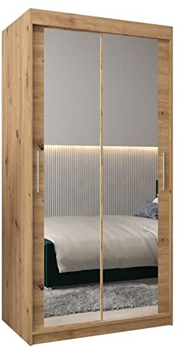 MEBLE KRYSPOL Tokyo 3 100 Schlafzimmerschrank mit Zwei Schiebetüren, Spiegel, Kleiderstange und Regalen – 100x200x62cm - Artisan