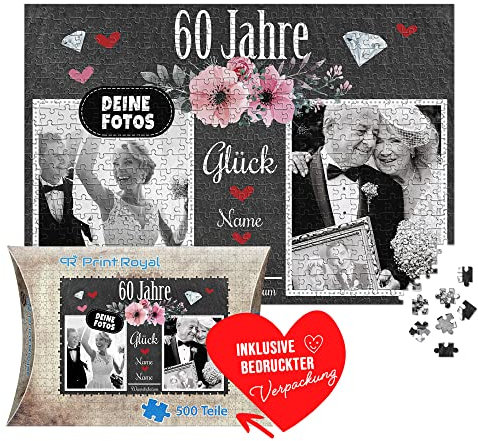 Foto-Puzzle selbst gestalten - 60 Jahre Glück - mit Namen, Datum und 2 Fotos personalisierbar, Geschenk zur diamantenen Hochzeit | personalisiertes Geschenk, 500 Teile, inkl. Kartonverpackung