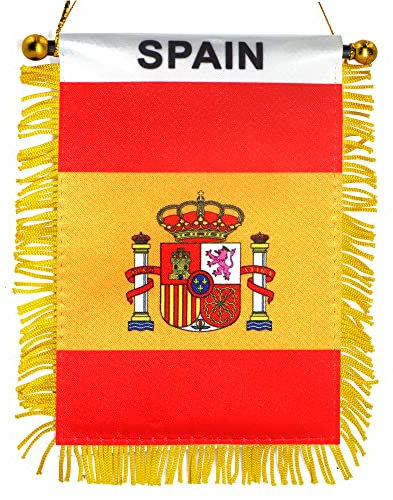 Anley Bandera de España con flecos para colgar en ventana, 4 x 6 pulgadas, minibandera y decoración de espejo retrovisor de coche, bandera española con flecos y ventosa