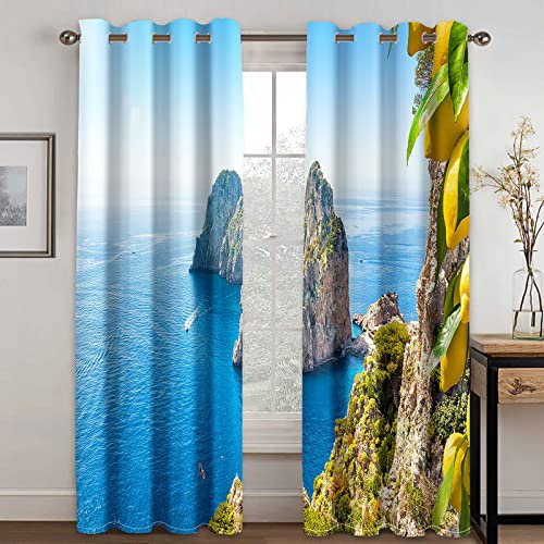 Tende Cameretta Bambini 3D Grande Mare Paesaggio Alpino Tende Oscuranti Cameretta Bambini Con Occhielli 140x160 Cm 2 Pezzi Tende Per Interni, Tende Camera Da Letto, Tende Soggiorno, Bambina Finestre