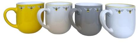 HOMELOX Set of 4 Bee Happy Printed Mugs Tea Coffee Cups Kitchenware Mug Premium Quality
