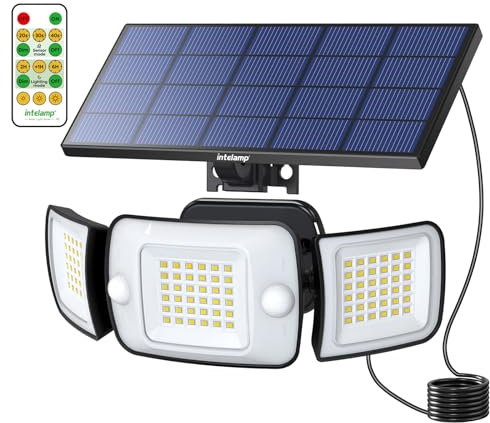 INTELAMP Solar Strahler mit Bewegungsmelder mit Fernbedienung, 6000mAh Lithium-Eisenphosphat-Batterie 1200LM Hohe Helligkeit solarleuchte,4 Modi 270°Weitwinkel Solarleuchten mit 2.7m Kabel