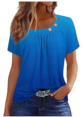 Azruma Damen Oberteile Elegant Damen-Oberteile Partner Tshirt Elegant Gradient Drucken Plissee Asymmetrisch Ausschnitt Kurze ÄRmel T Shirts Mit Knopfleiste Kleid Festlich Damen (1-Blue, L)
