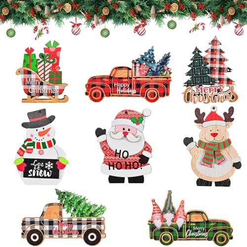 Weihnachtsbaum-Hängedekoration, Holz Ornamente, 8 Stücke Groß Anhänger, Roter LKW, Zwerg Holzanhänger, Weihnachten Deko