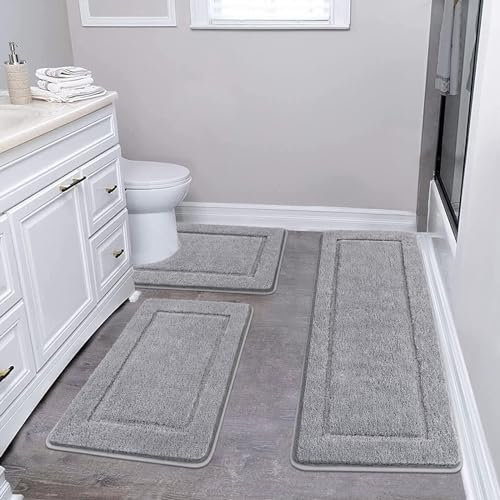 Pauwer Weich Badezimmerteppich Set 3 Teilig rutschfest Waschbare Badteppich Badvorleger und Toilettenmatte Saugfähiges Badematten Set für Dusche, Badewanne und WC, Grau