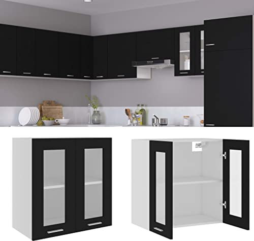 Toshilian Meuble Haut de Cuisine, Armoire de Cuisine Murale élément Haut Armoire en Verre Suspendue Noir 60x31x60 cm Aggloméré